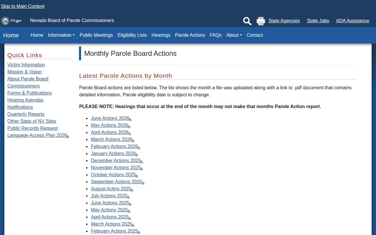 Nevada released inmate monthly parole action archive