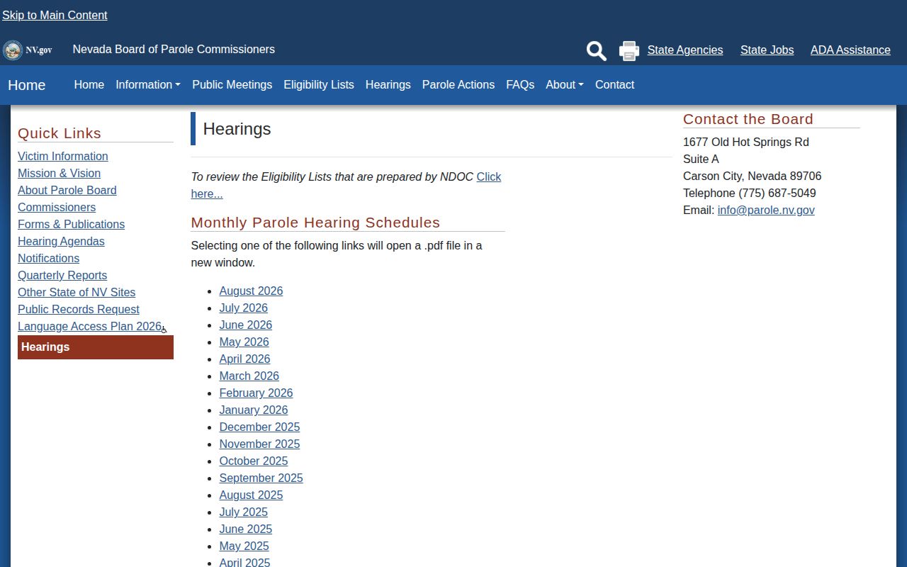 Nevada parole hearing schedule monthly archive