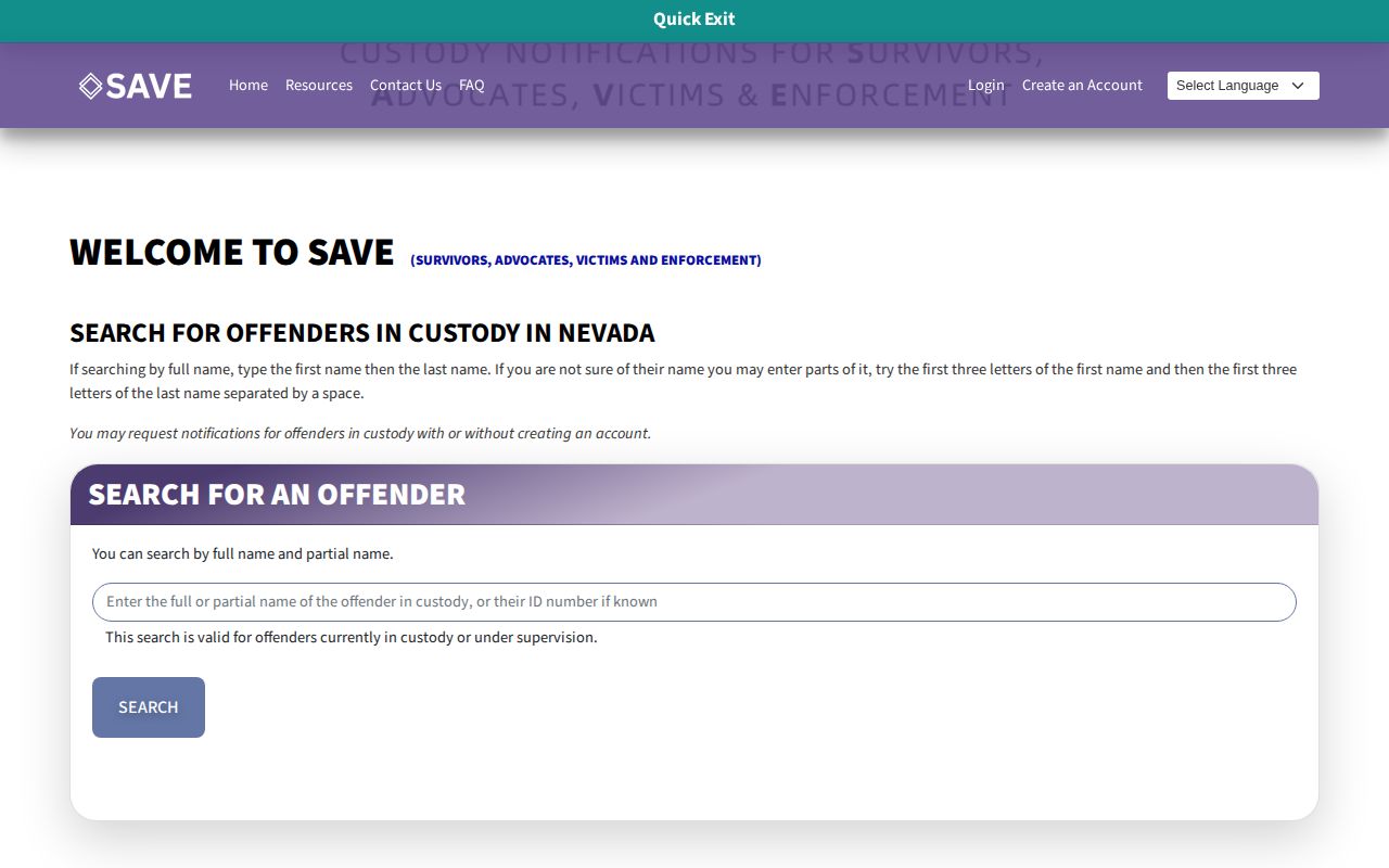Nevada SAVE custody and supervision notification options