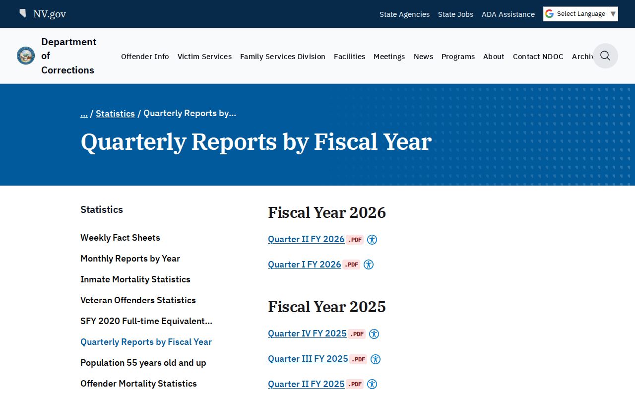 Nevada released inmate NDOC quarterly statistical report archive
