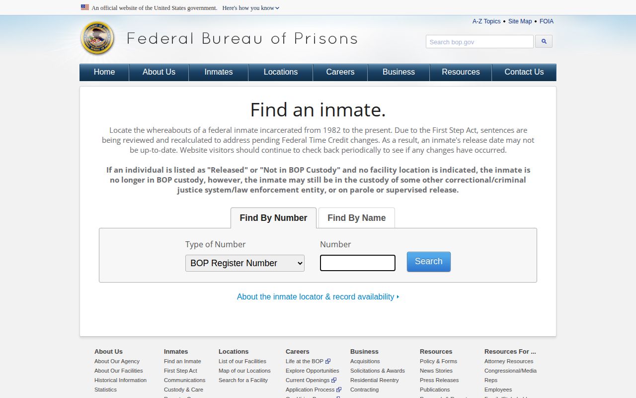 Nevada released inmate federal BOP locator search inputs