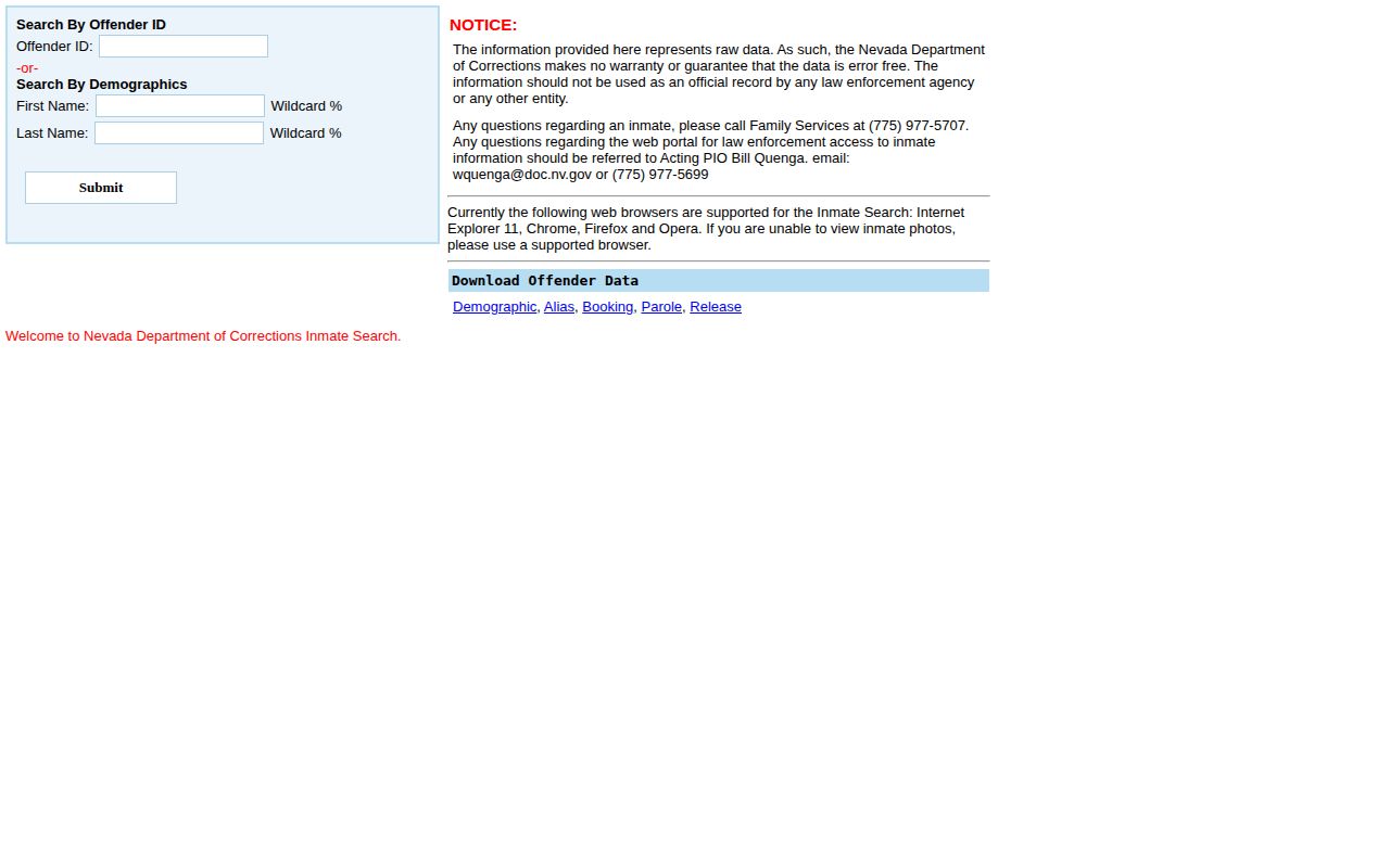 Nevada released inmate NDOC Offender ID and name search fields