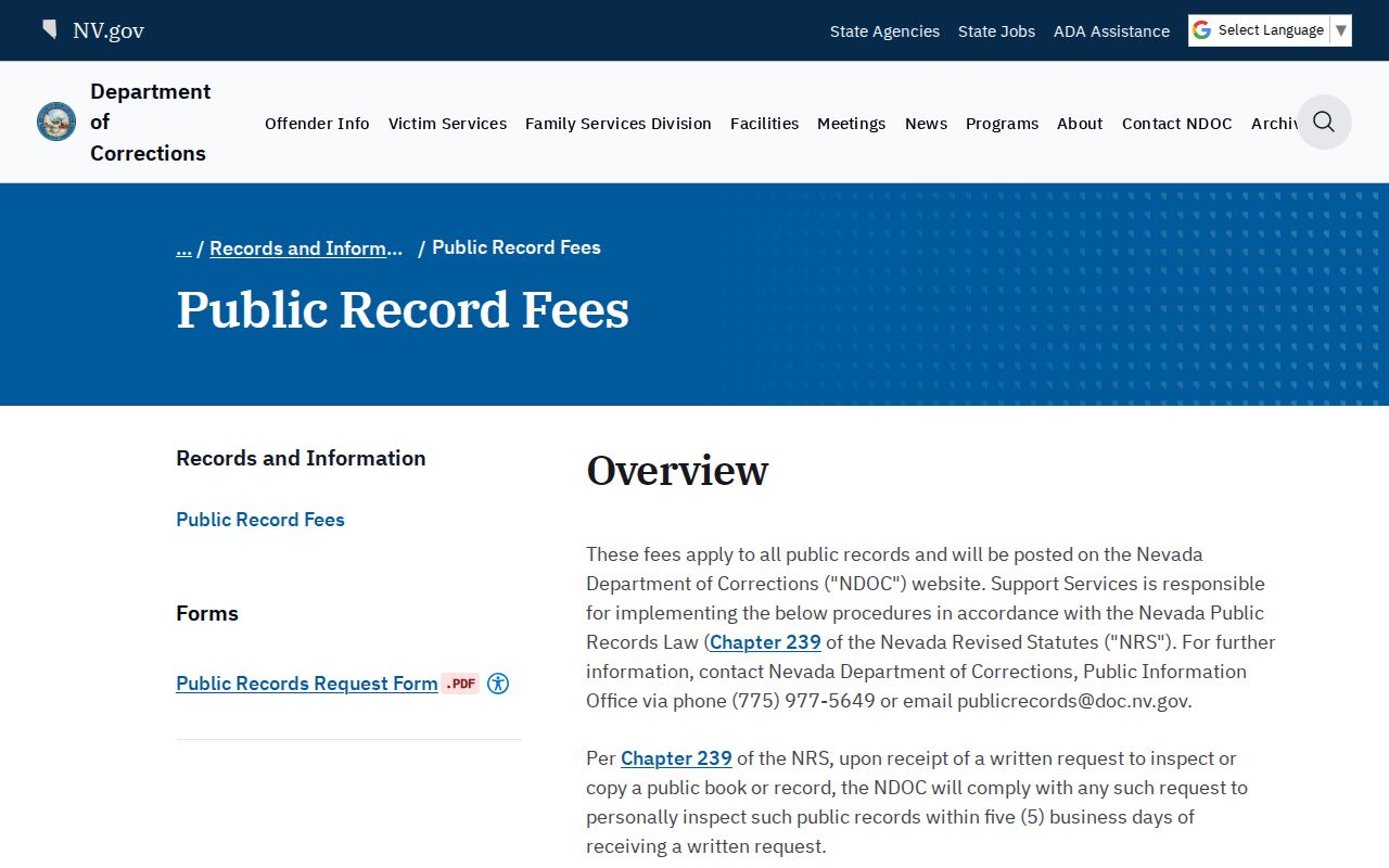 Nevada NDOC released inmate public record request fees and instructions